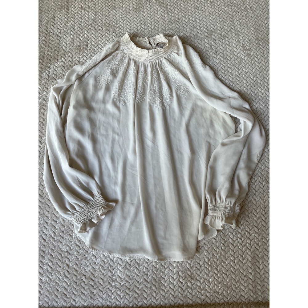 LOFT Cream Embroidered Smocked Mock Neck Blouse XL Long Sleeve Ivory Top